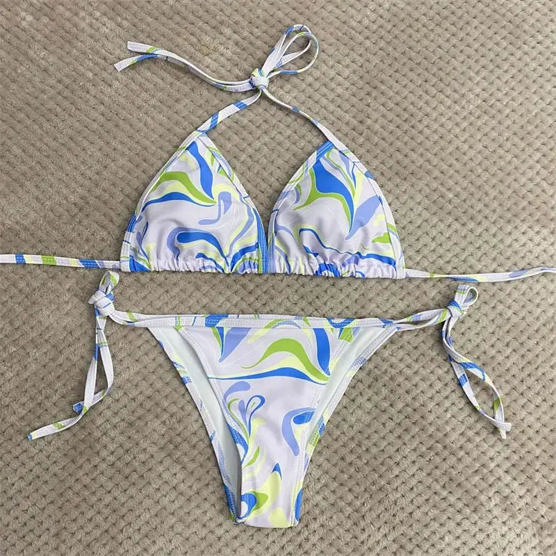 Blue and Green Abstract Swirl Print Triangle String Bikini