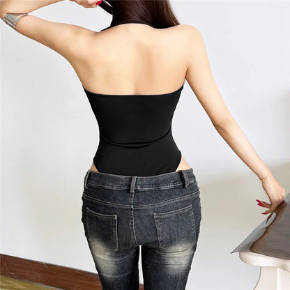Plunge Halter Mesh Panel Backless Bodysuit for Gothic Alternative Fashion