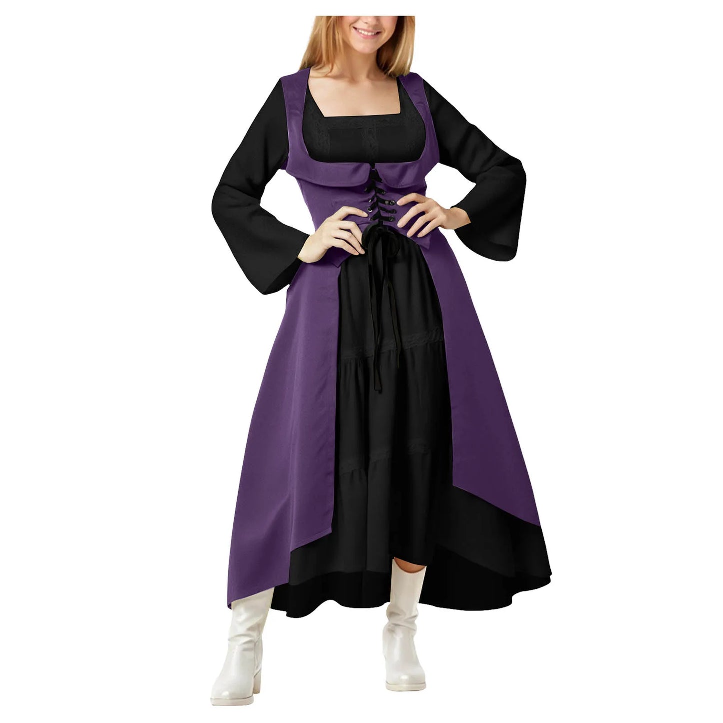 Gothic Witchcore Midi Dress with Pentagram Strap Details