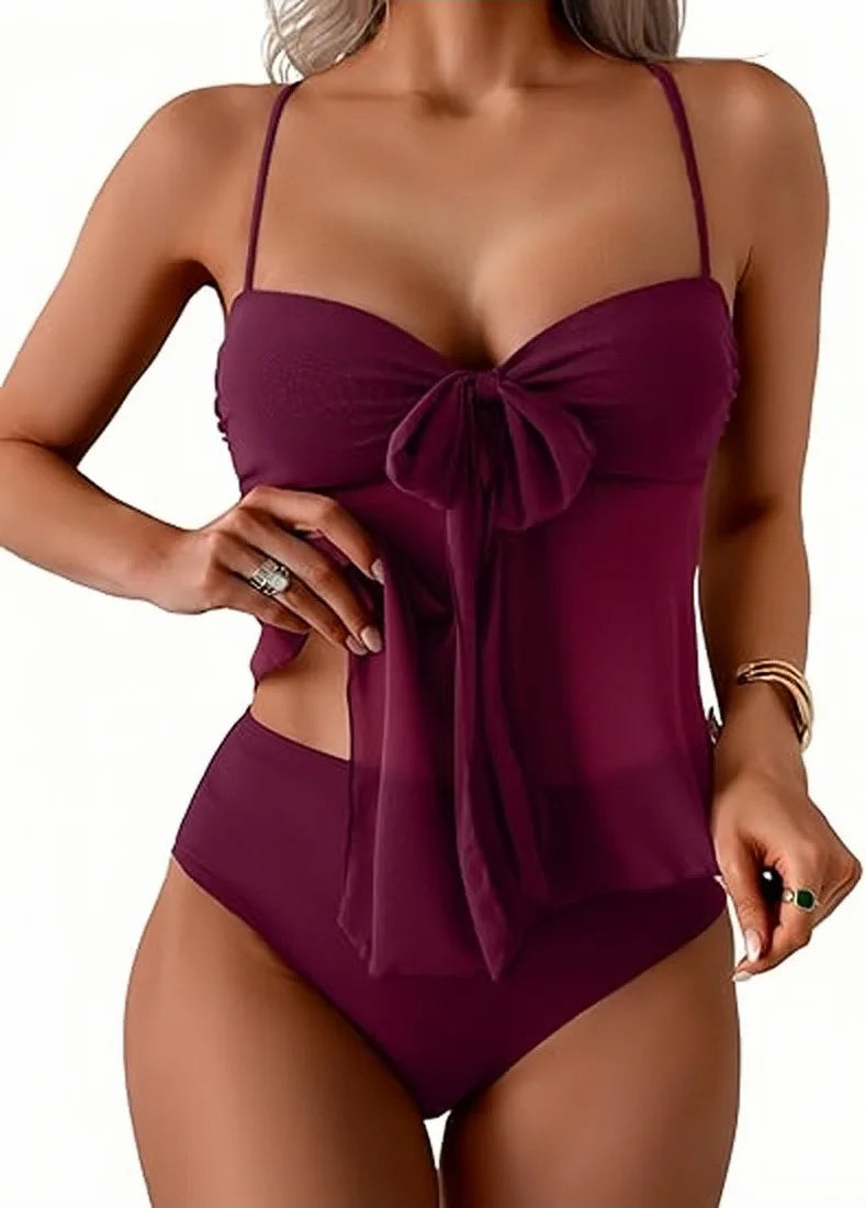 Earthy Brown Chiffon Bow Tankini Set with High-Waisted Bottoms