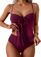 Earthy Brown Chiffon Bow Tankini Set with High-Waisted Bottoms