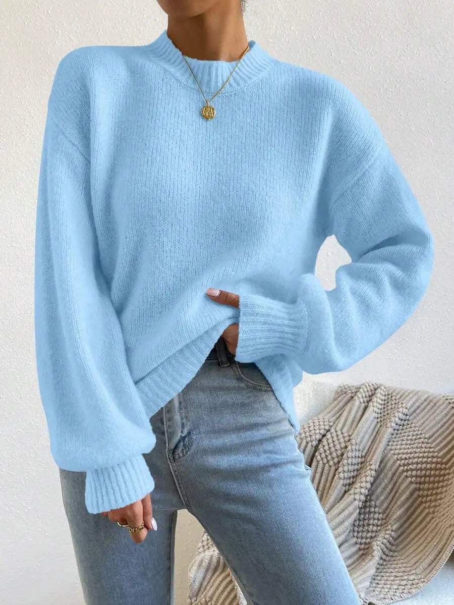 Women's Mock Neck Drop Shoulder Knit Sweater with Relaxed Oversized Silhouette