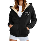 Women's Hooded Plush Fleece Zip Jacket with Heart Graphic Everyday Streetwear Style