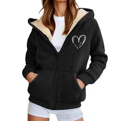Women's Hooded Plush Fleece Zip Jacket with Heart Graphic Everyday Streetwear Style