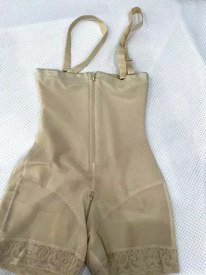 Open-Bust Zip-Front Mid-Thigh Shaping Bodysuit with Adjustable Straps