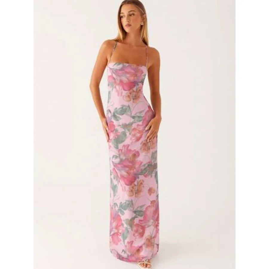 Floral Print Cami Maxi Dress With Straight Neck Silhouette