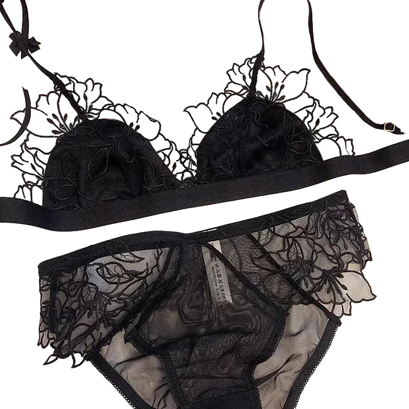 Ethereal Sheer French Lace Triangle Bralette and Matching Scalloped Panty Set