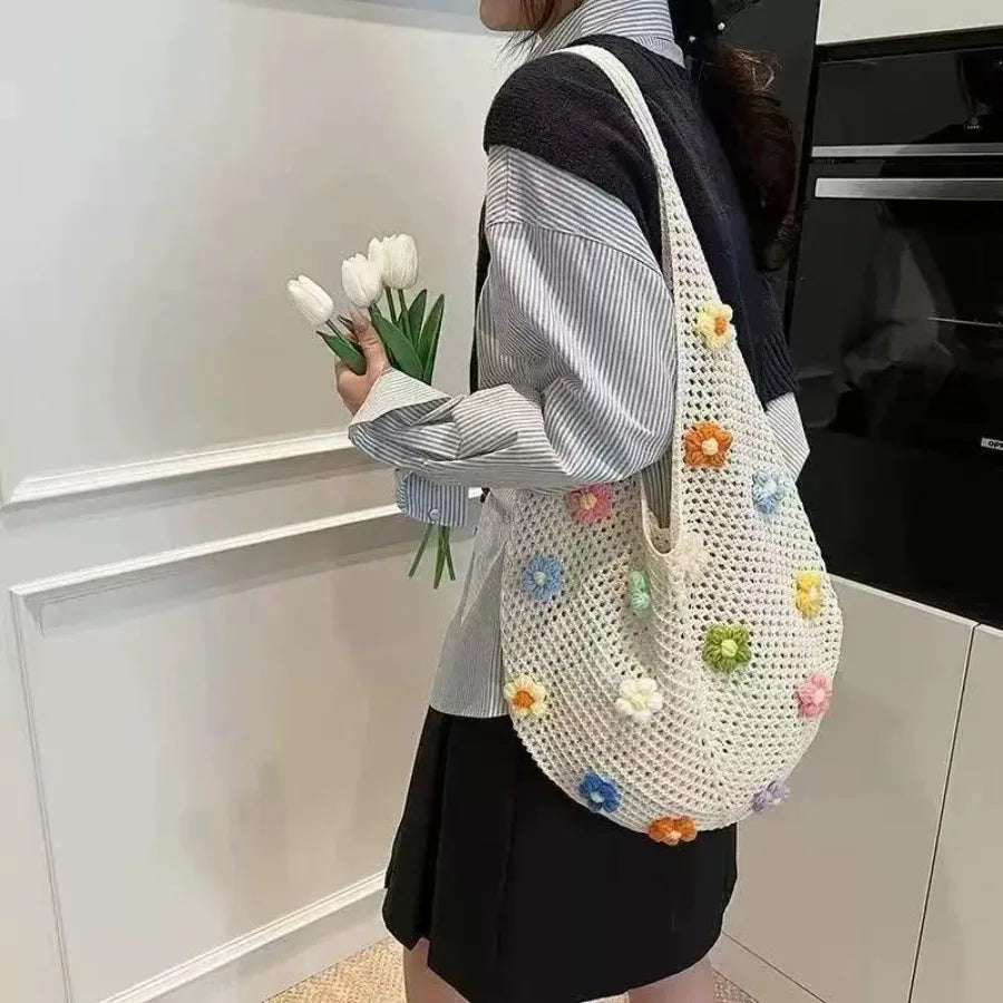 Open Knit Tote Shoulder Bag with Large Capacity Casual Design