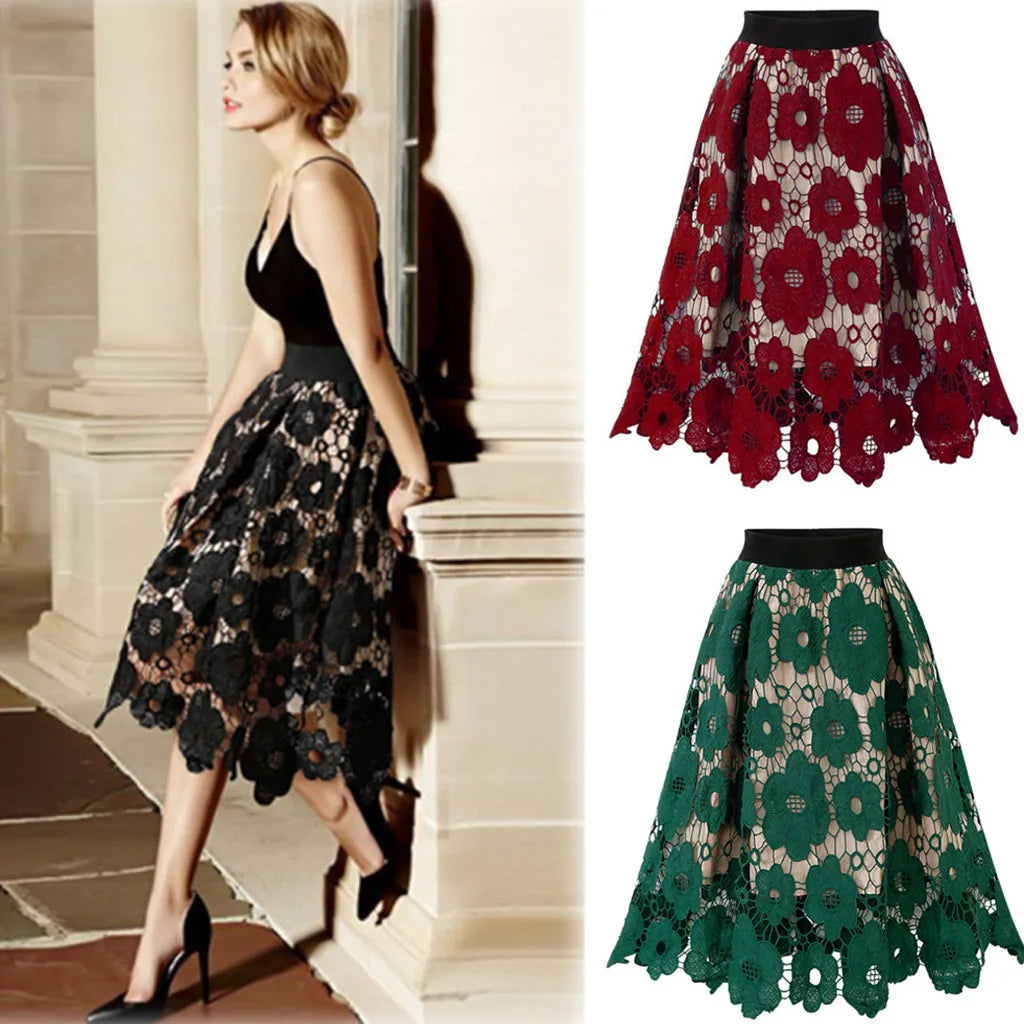 Elegant High Waist Floral Lace Irregular Hem A-Line Midi Skirt