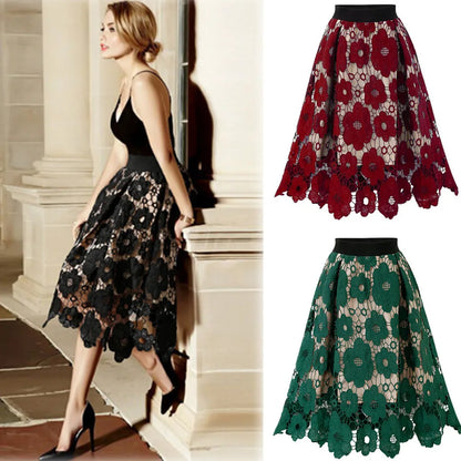 Elegant High Waist Floral Lace Irregular Hem A-Line Midi Skirt