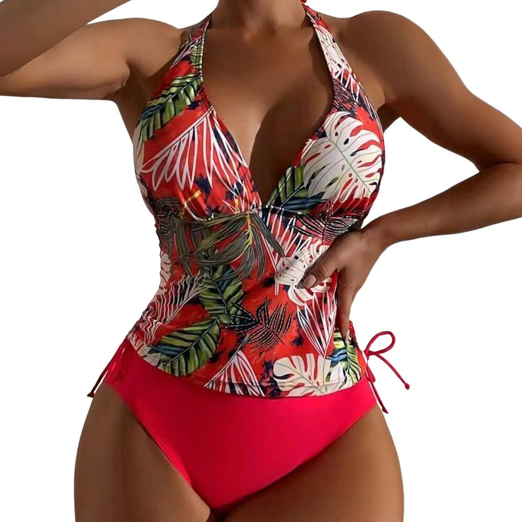 Floral Leaf Print Halter Bikini Set with Deep V-Neck, Lace-Up Details and High-Coverage Bottom