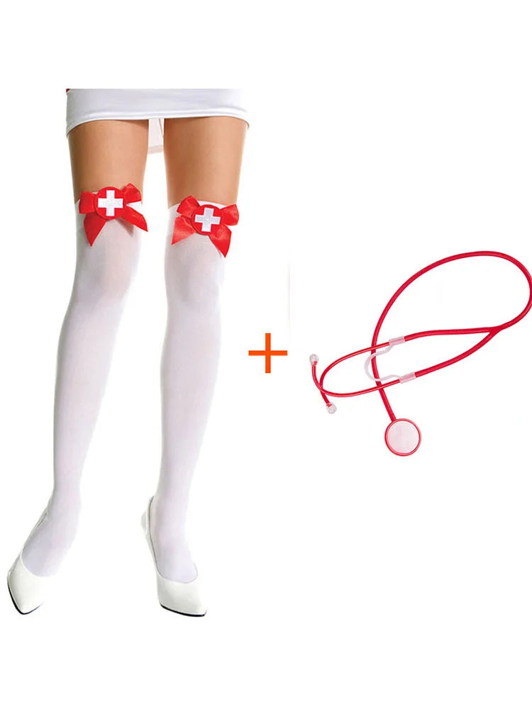 Classic White Roleplay Nurse Mini Dress with Red Corset Lacing and Ruffled Hem