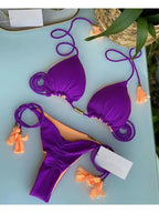 Soft Periwinkle Triangle Bikini Set with Two-Tone Twisted Rope and Tassel Details