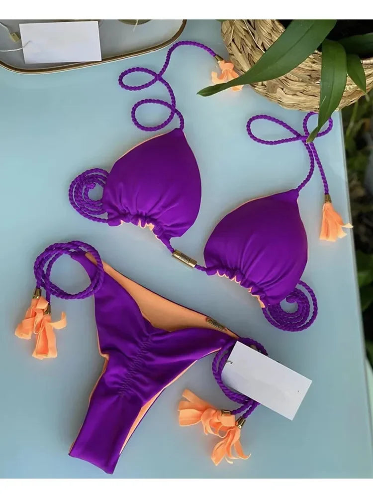 Soft Periwinkle Triangle Bikini Set with Two-Tone Twisted Rope and Tassel Details