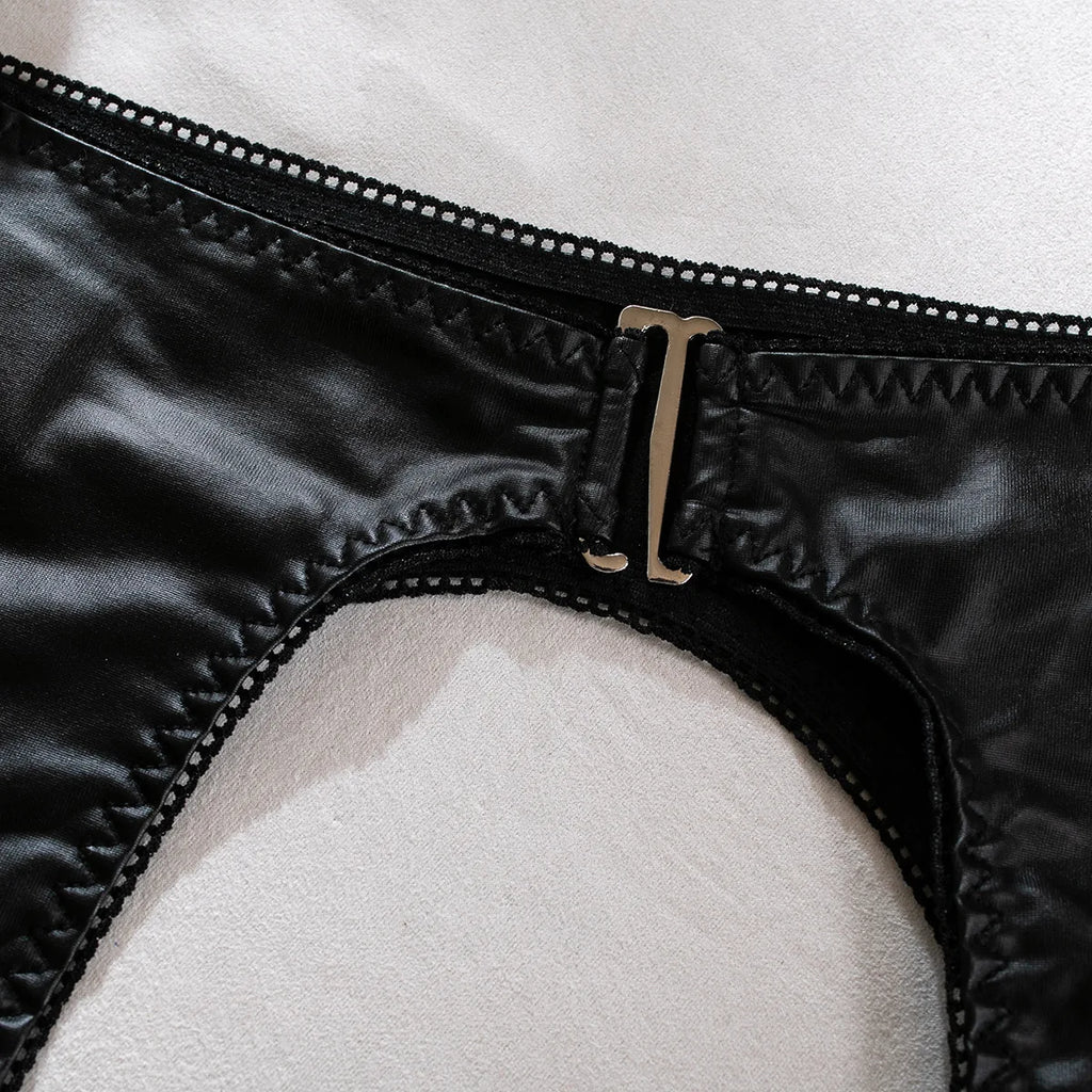 Faux Leather Wet-Look Three-Piece Lingerie Set with Garter Belt