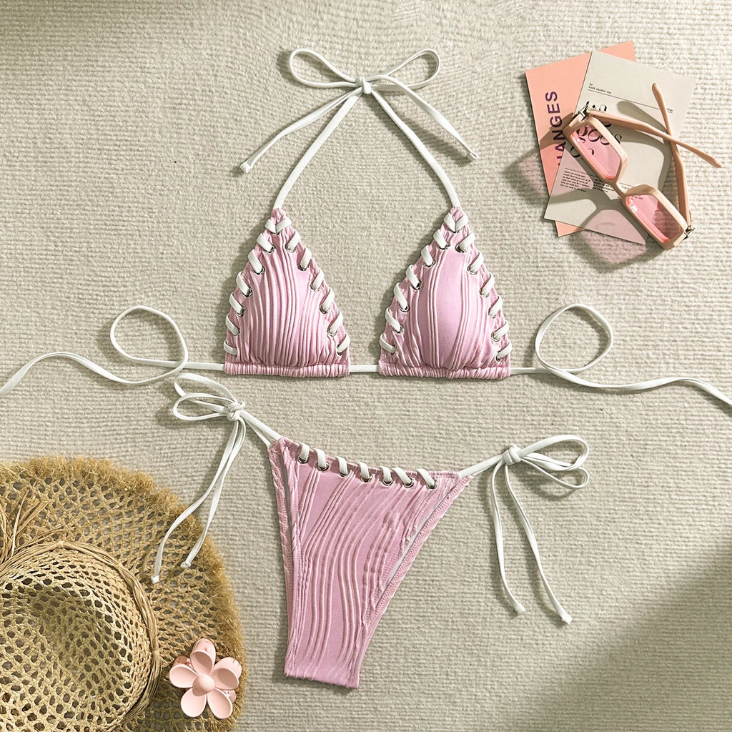 Textured Cream Triangle String Bikini with Shell-Inspired Embellishments
