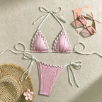 Textured Cream Triangle String Bikini with Shell-Inspired Embellishments