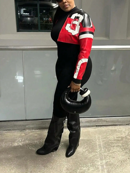 Cropped Faux Leather Varsity Style Zip Jacket with Statement Streetwear Design