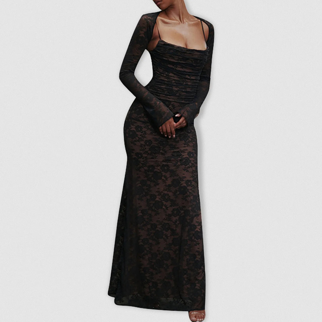 Textured Maxi Dress With Draped Sleeves And Sculpted Silhouette