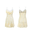 Cheerful Light Yellow Floral Chemise with Ruffled Bodice and Lace Trim