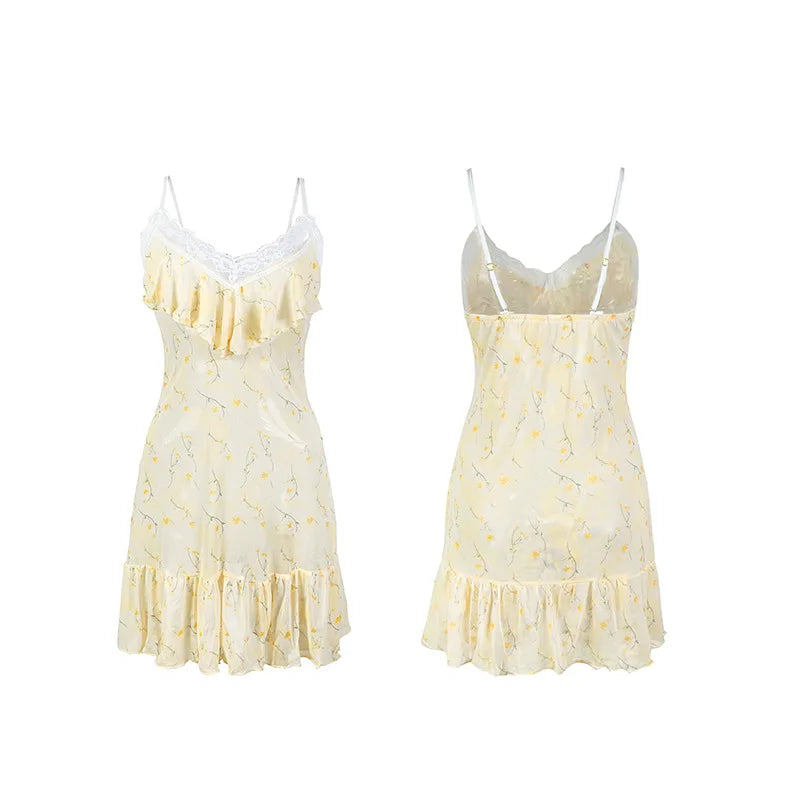Cheerful Light Yellow Floral Chemise with Ruffled Bodice and Lace Trim