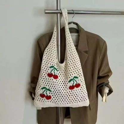 Open Knit Tote Shoulder Bag with Large Capacity Casual Design