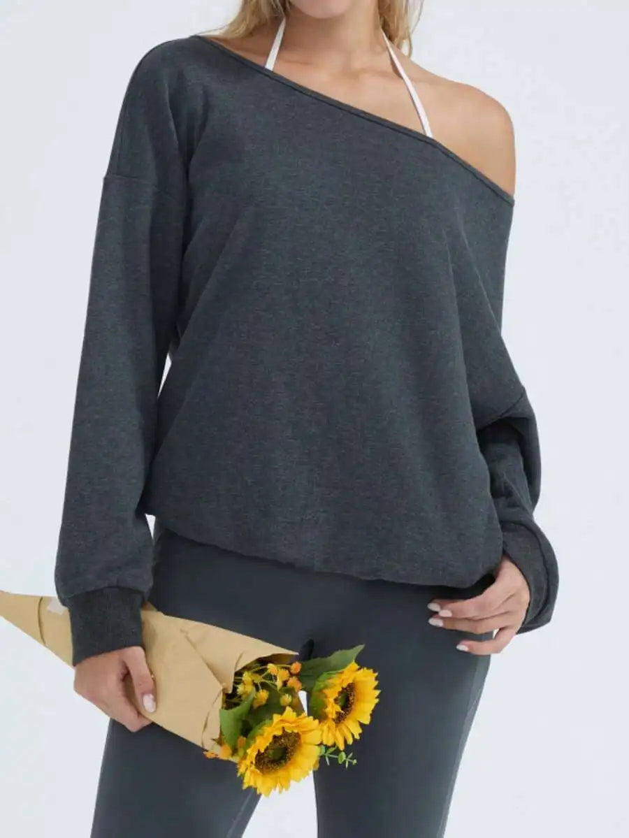 Off-Shoulder Relaxed Fit Knit Pullover Sweater with Long Sleeves and Side Pocket