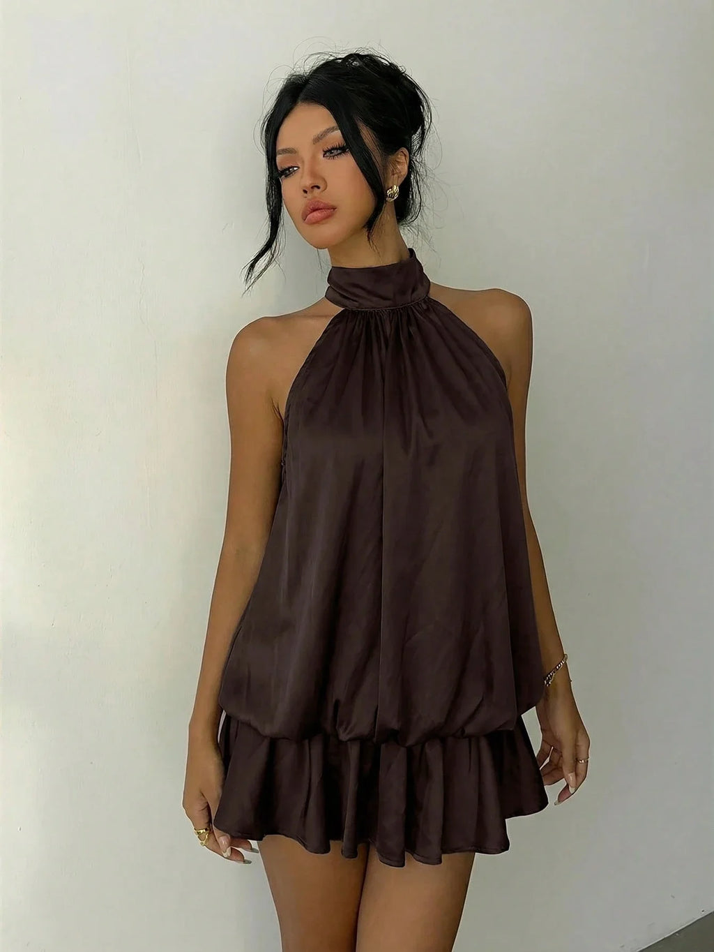 Ruched Halter Neck Tiered Mini Dress With Flowy A-Line Party Silhouette