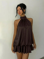 Ruched Halter Neck Tiered Mini Dress With Flowy A-Line Party Silhouette