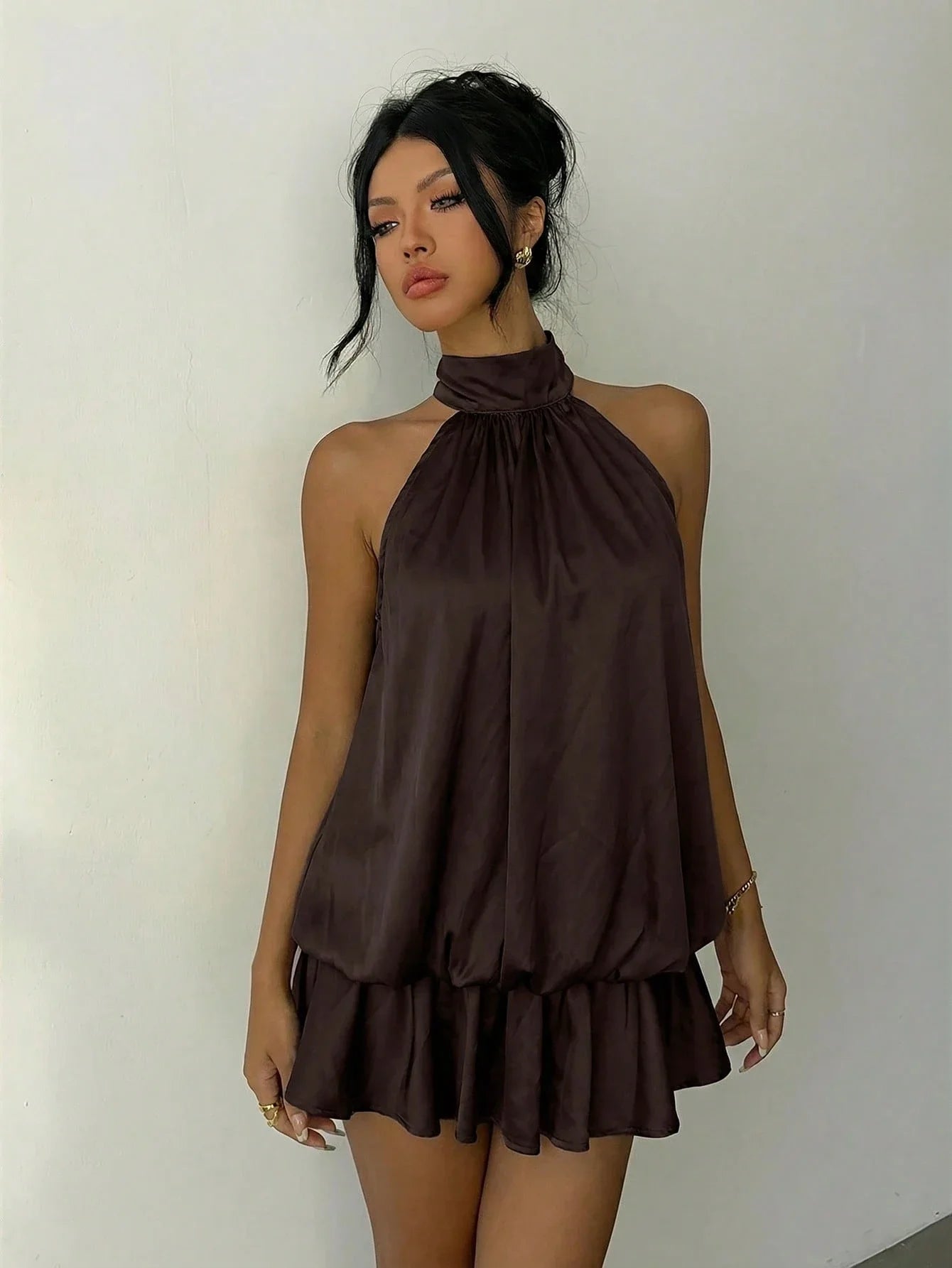 Ruched Halter Neck Tiered Mini Dress With Flowy A-Line Party Silhouette
