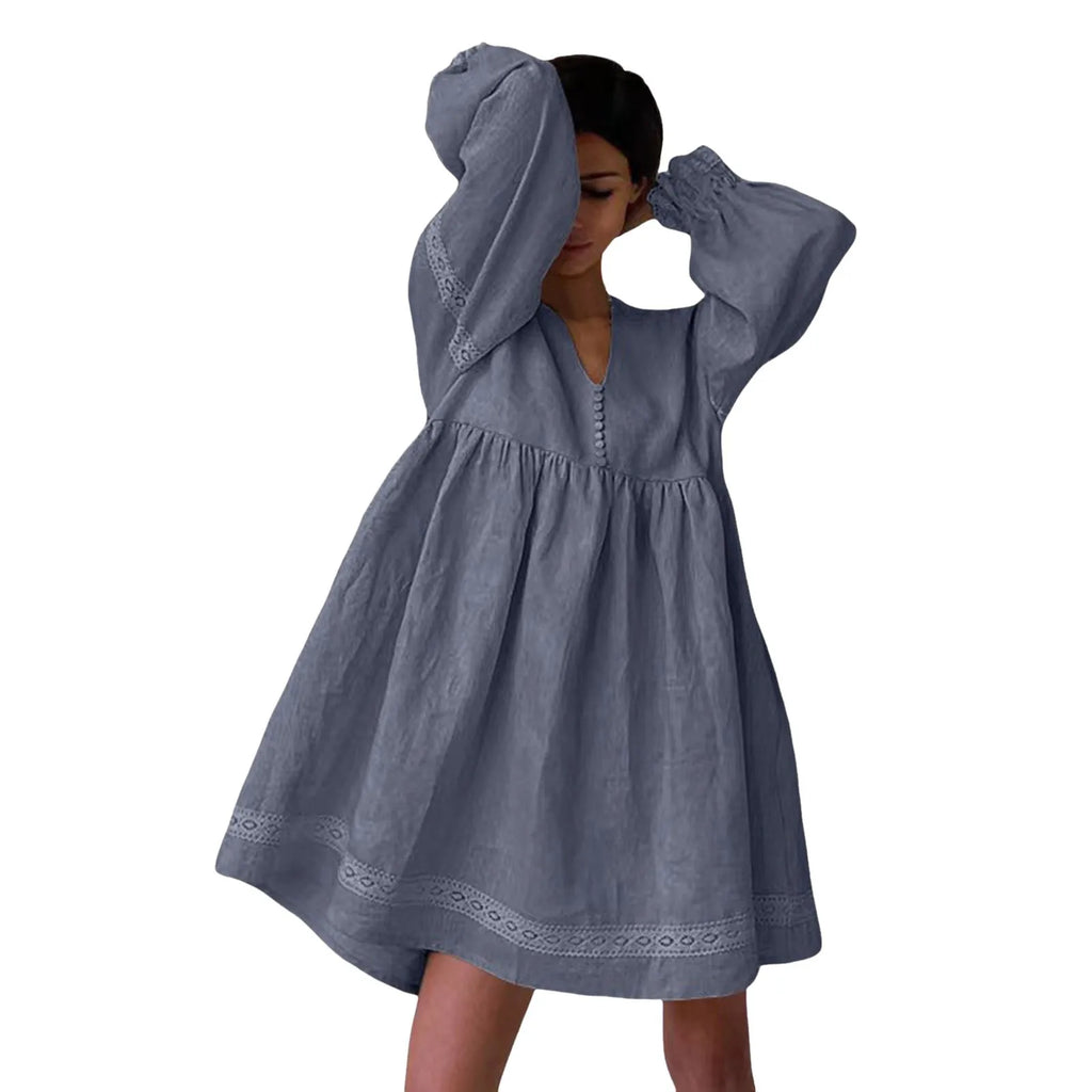 Relaxed Oversized V-Neck Smock Dress with Voluminous Sleeves and Lace Trim