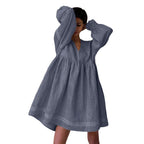 Relaxed Oversized V-Neck Smock Dress with Voluminous Sleeves and Lace Trim