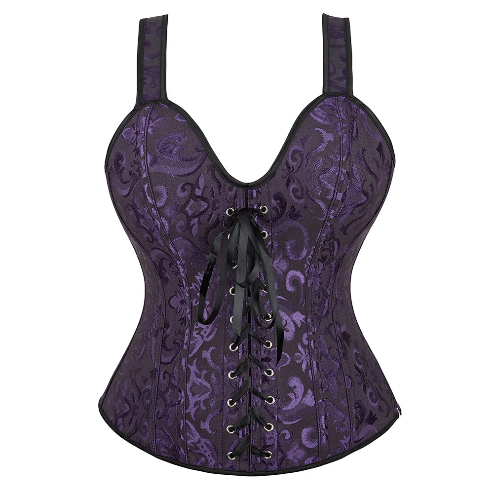Red and Black Polka Dot Overbust Corset with Lace Overlay and Ruffled Trim