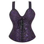 Red and Black Polka Dot Overbust Corset with Lace Overlay and Ruffled Trim