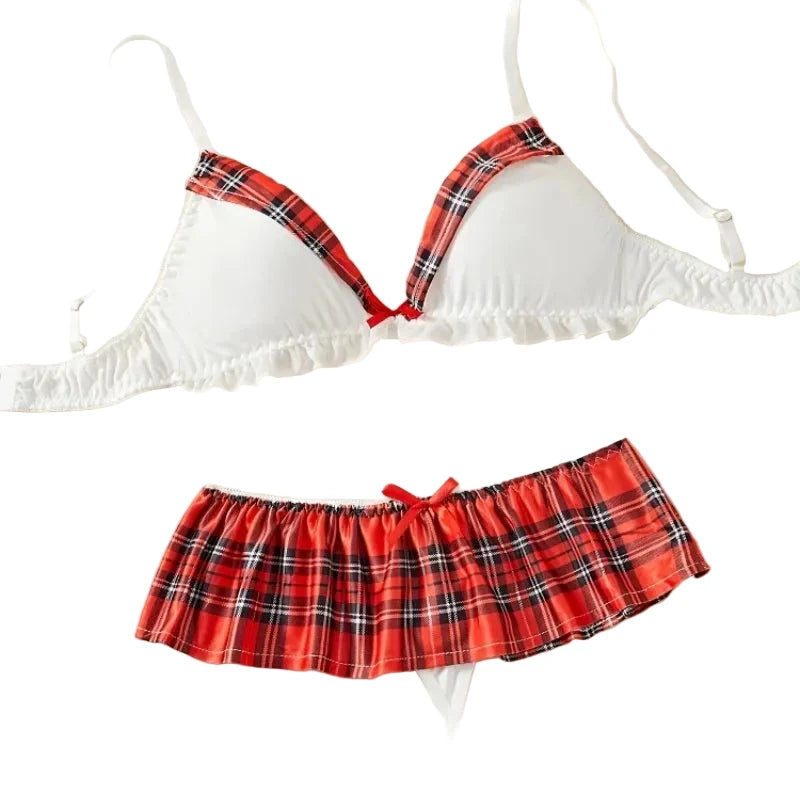 Playful Red Tartan Plaid Bralette and Pleated Mini Skirt Set