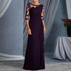 Elegant Floor Length Dress With Sheer Lace Shoulder Detailing