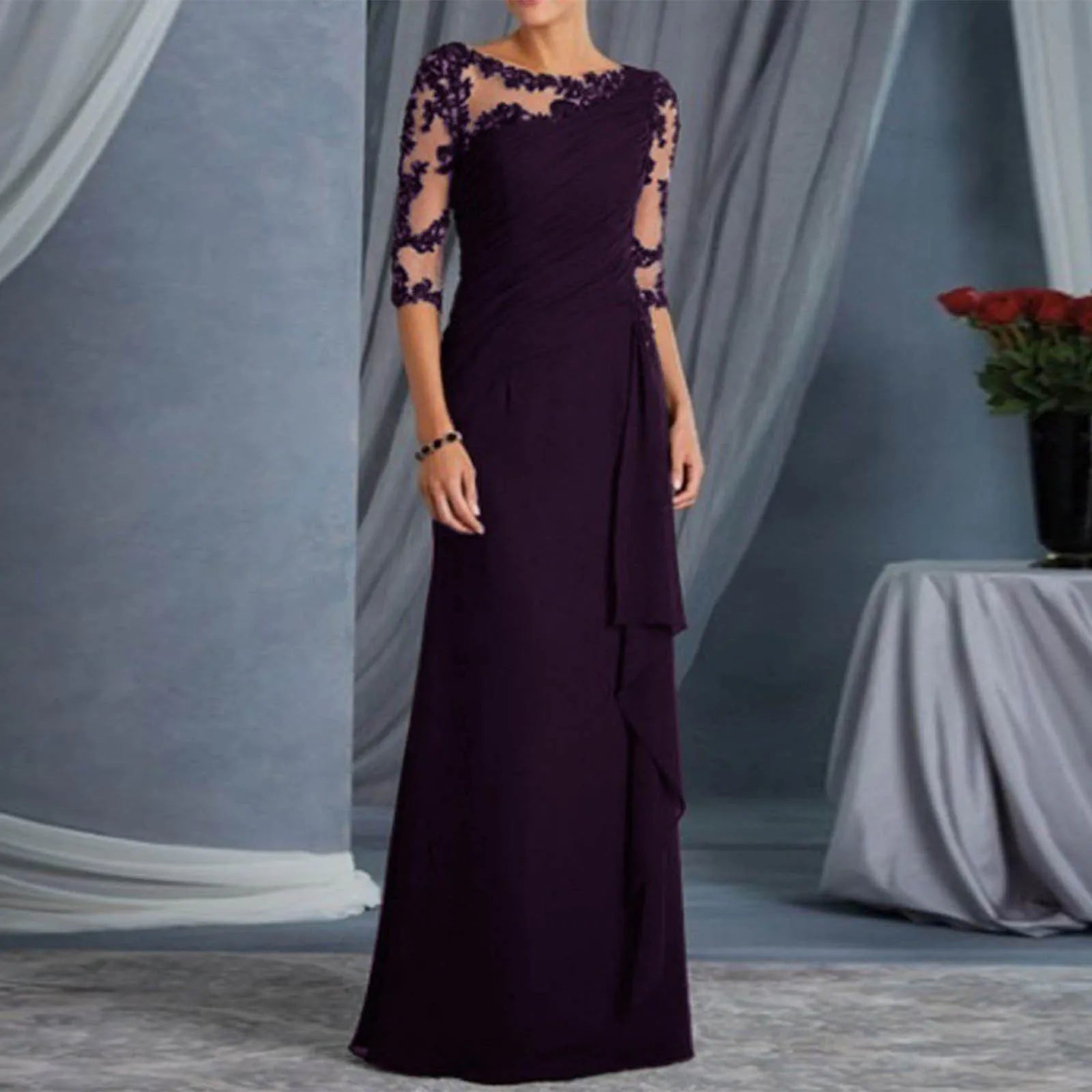 Elegant Floor Length Dress With Sheer Lace Shoulder Detailing