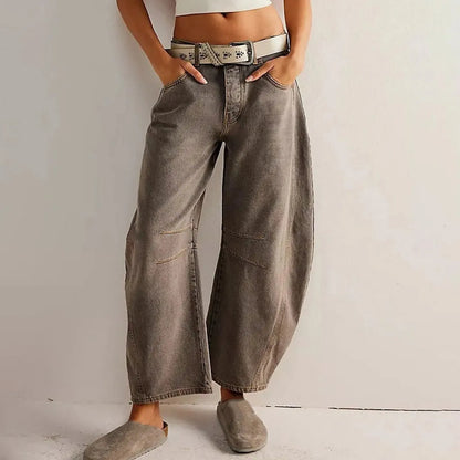 Women's Mid Rise Barrel Leg Cropped Denim Jeans with Relaxed Wide Leg Silhouette