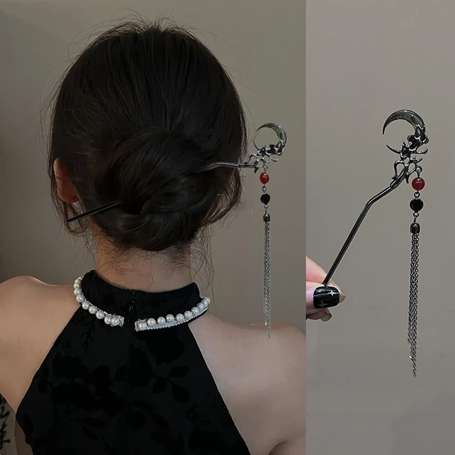 Celestial Moon Tassel Hair Stick Vintage Gothic Statement Hair Accessory