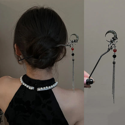 Celestial Moon Tassel Hair Stick Vintage Gothic Statement Hair Accessory