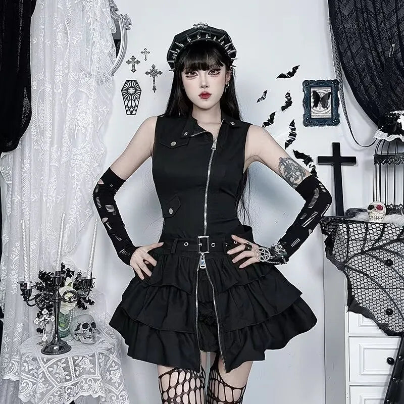 Structured Gothic Mini Dress with Utility-Inspired Alternative Fashion Details