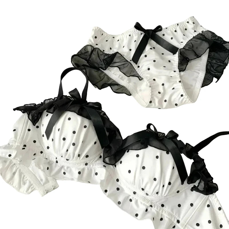 Playful Black and White Polka Dot Wire-Free Ruffled Bra Set