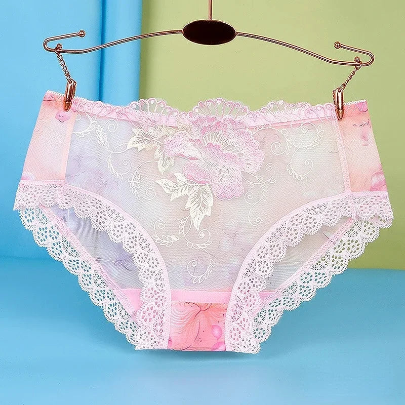 Women’s Floral Embroidered Lace Briefs with Sheer Panels, Low-Rise Silhouette and Delicate Feminine Detailing