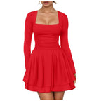 Square Neck Long Sleeve Mini Dress with Structured Waist and Ruffle Hem