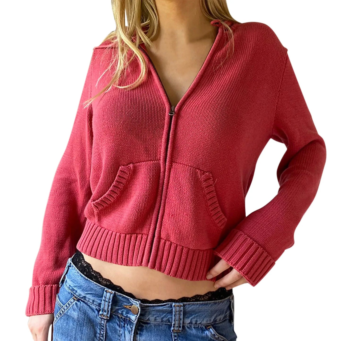 Women's Ribbed Zip-Up Cropped Hoodie with Relaxed Fit for Modern Casual Streetwear