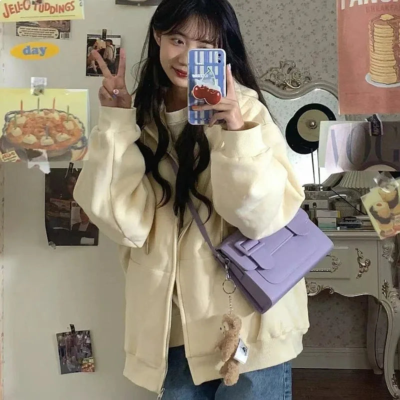 Women's Oversized Zip-Up Hoodie with Minimal Typography Casual Streetwear Layering Style