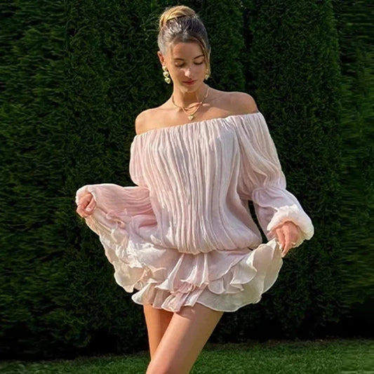 Off Shoulder Pleated Mini Dress with Ruched Layered Statement Silhouette