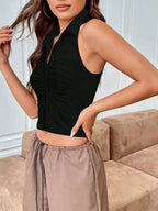 Women's Halter Neck Ruched Button Front Backless Fitted Crop Top for Everyday Summer Style