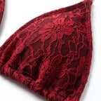 Solid Crimson Three-Piece Triangle Bikini Set with Sheer Mesh Wrap Skirt