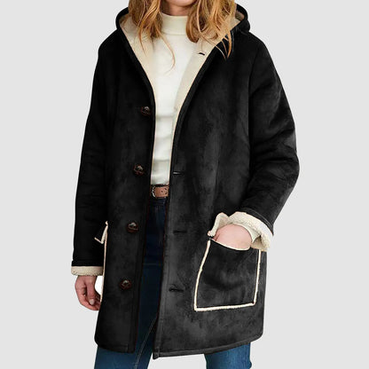 Women's Faux Suede Sherpa Lined Hooded Jacket Casual Winter Button Front Outerwear